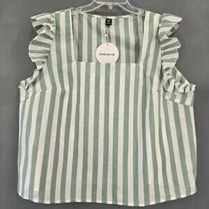 Shein Curve Green White Striped Tank NEW Vacay Ruffled Square Neck Women 3XL Top